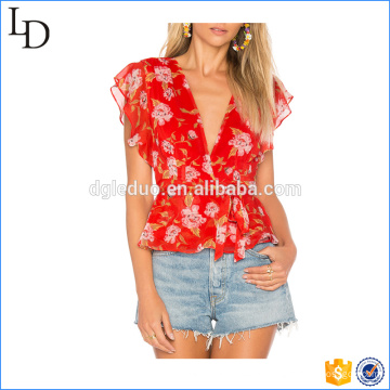 2017 Red chiffon custom women t shirt full sublimation flower print